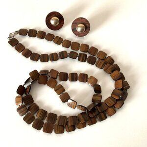Women's Vintage Fashion Brown Necklace + Clip On Round Earring Set